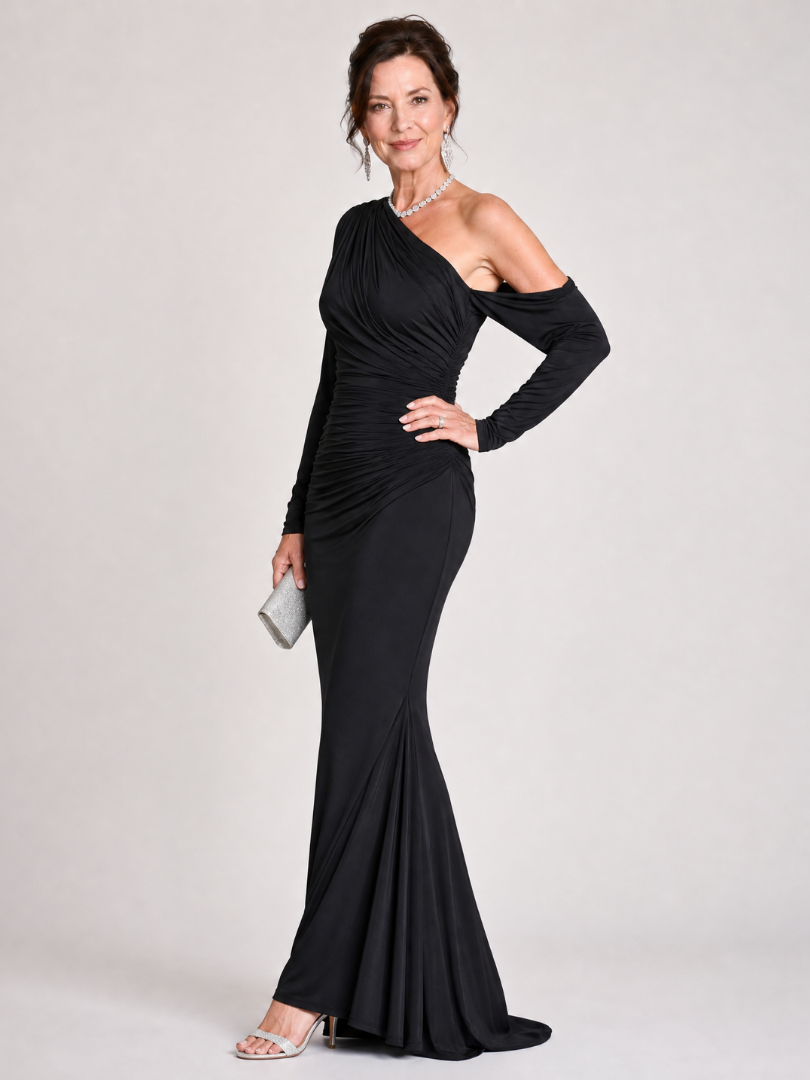 Women's Black Maxi Dress One Shoulder Long Sleeve Ruched Fitted Formal Wedding Guest Style