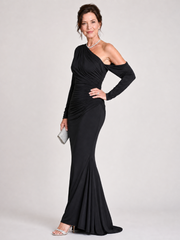 Women's Black Maxi Dress One Shoulder Long Sleeve Ruched Fitted Formal Wedding Guest Style