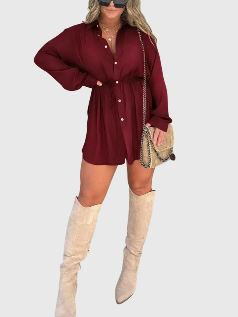 Women's Red Shirt Dress Collar Button Front Long Sleeve Drawstring Waist Casual Style