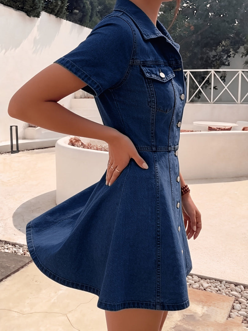 Women's Deep Blue Denim Jacket Button-Front A-Line Fitted Flared Hem
