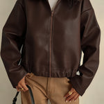 Load image into Gallery viewer, Women's Brown Leather Jacket Collar Zip Front Cropped Style
