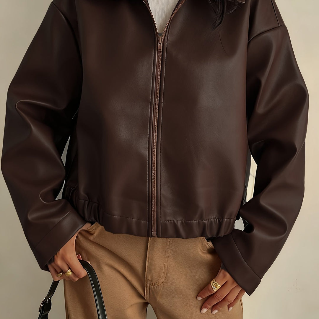 Women's Brown Leather Jacket Collar Zip Front Cropped Style