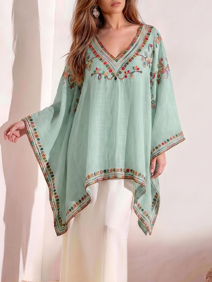 Women's Poncho Shirt V Neck Embroidered Trim Draped Kaftan Style