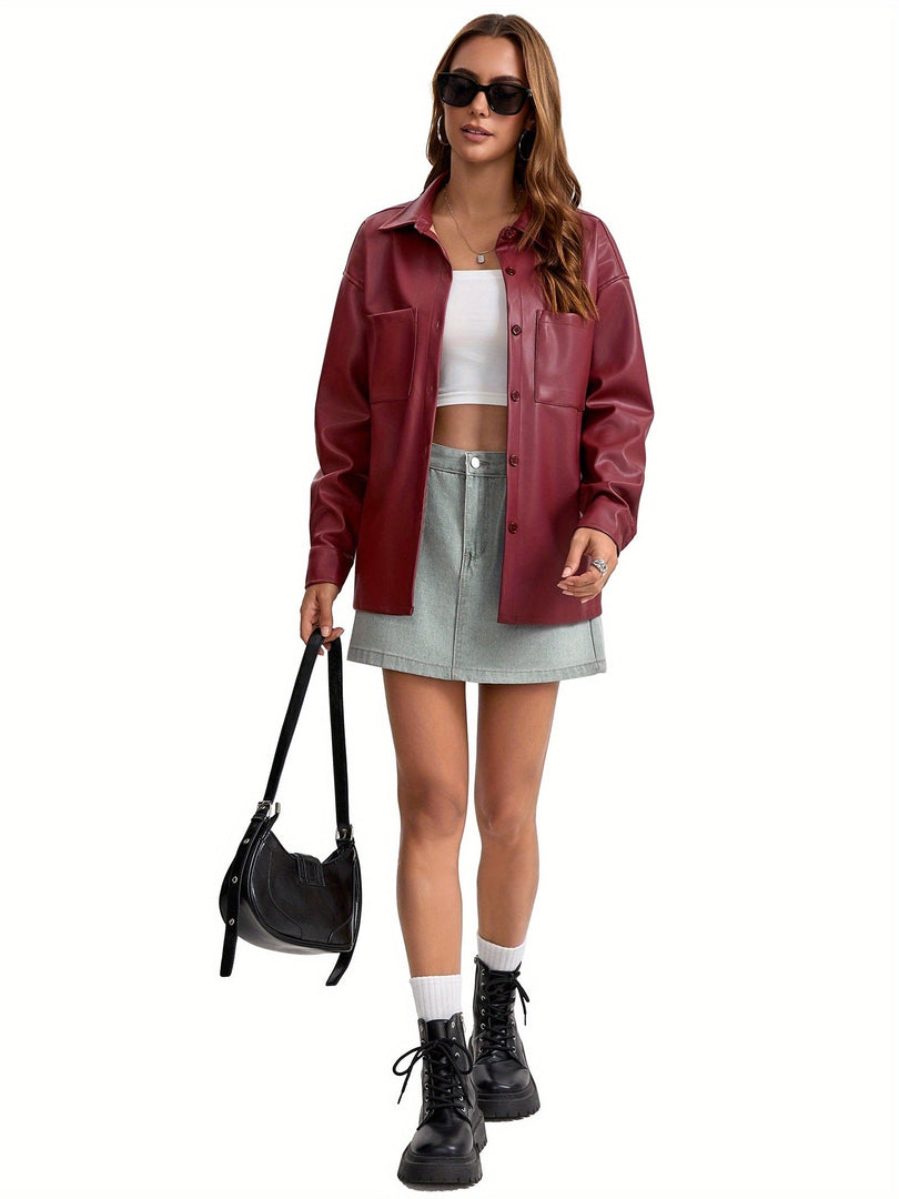 Women's Leather Jacket Button Front Collared Oversized Shacket Style