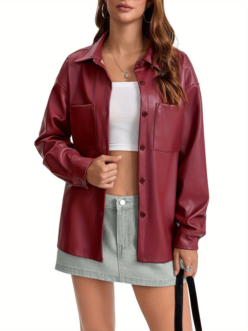 Women's Leather Jacket Button Front Collared Oversized Shacket Style