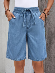 Women's Light Blue Denim Bermuda Jean Shorts Elastic Drawstring Waist Wide Leg