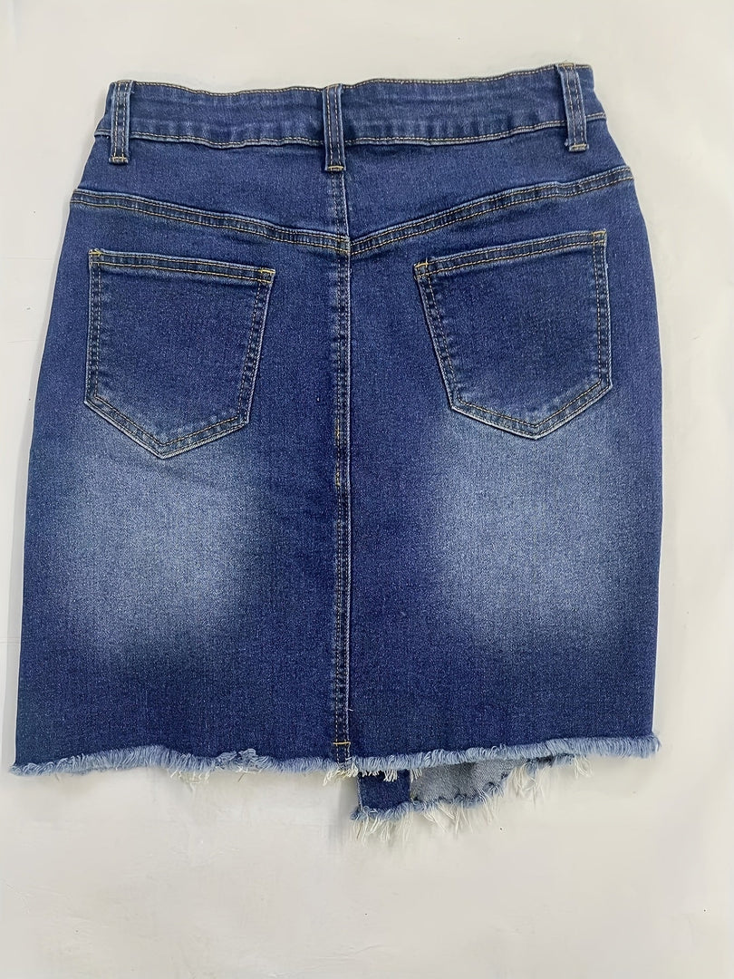 Women's Blue Denim Mini Skirt High Waist Ripped Button Front Raw Hem Jean Skirt Style