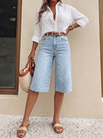 Load image into Gallery viewer, Women's Light Blue Denim Culotte Jean Shorts High Waist Wide Leg Cropped Style
