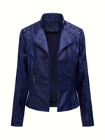 Load image into Gallery viewer, Women's Leather Moto Jacket Notch Lapel Zip Front Studded Shoulder
