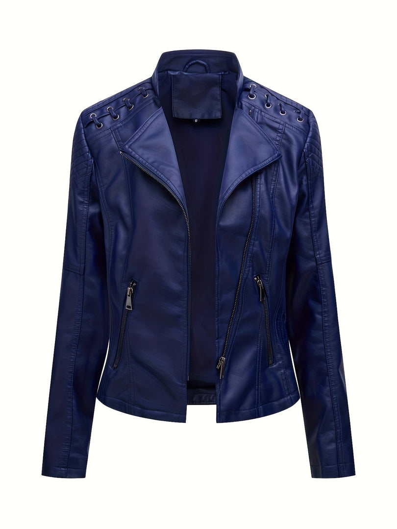Women's Leather Moto Jacket Notch Lapel Zip Front Studded Shoulder