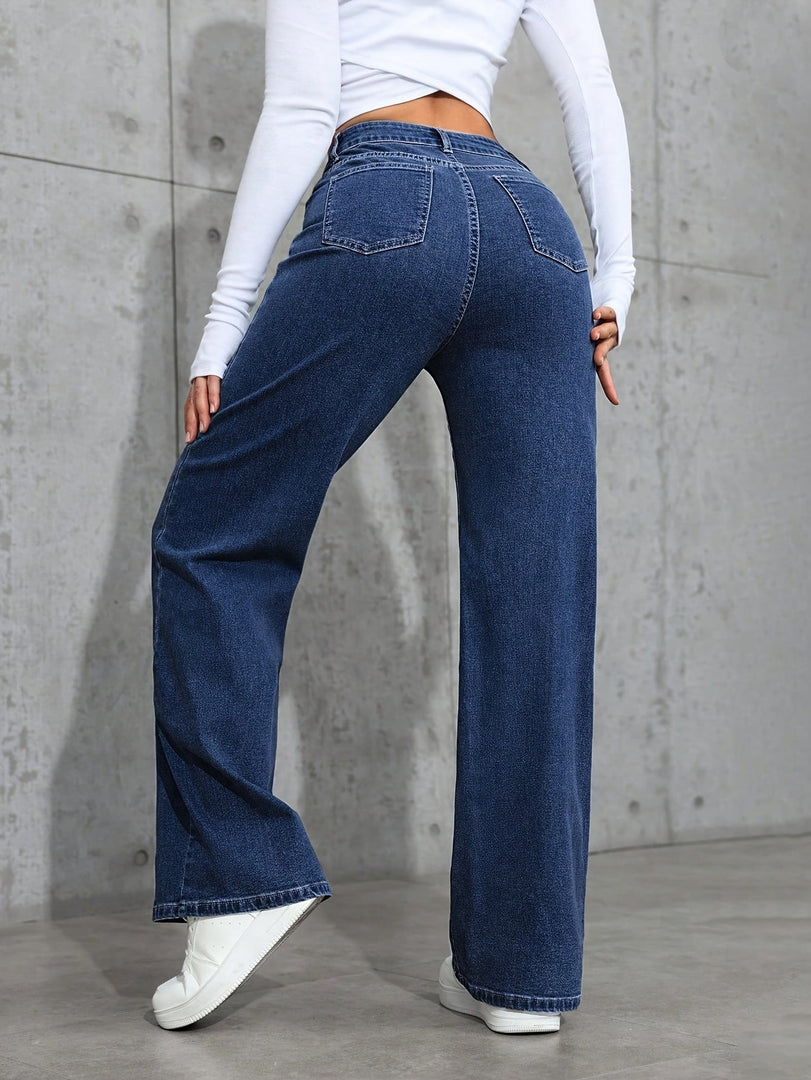 Women's Blue Wide Leg Jeans High Waist Flowing Loose Fit Denim Style