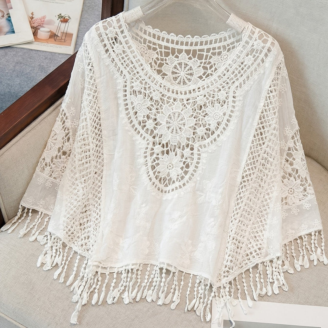 Women's Cream Poncho Shirt Crochet Lace Fringe Hem Draped Style