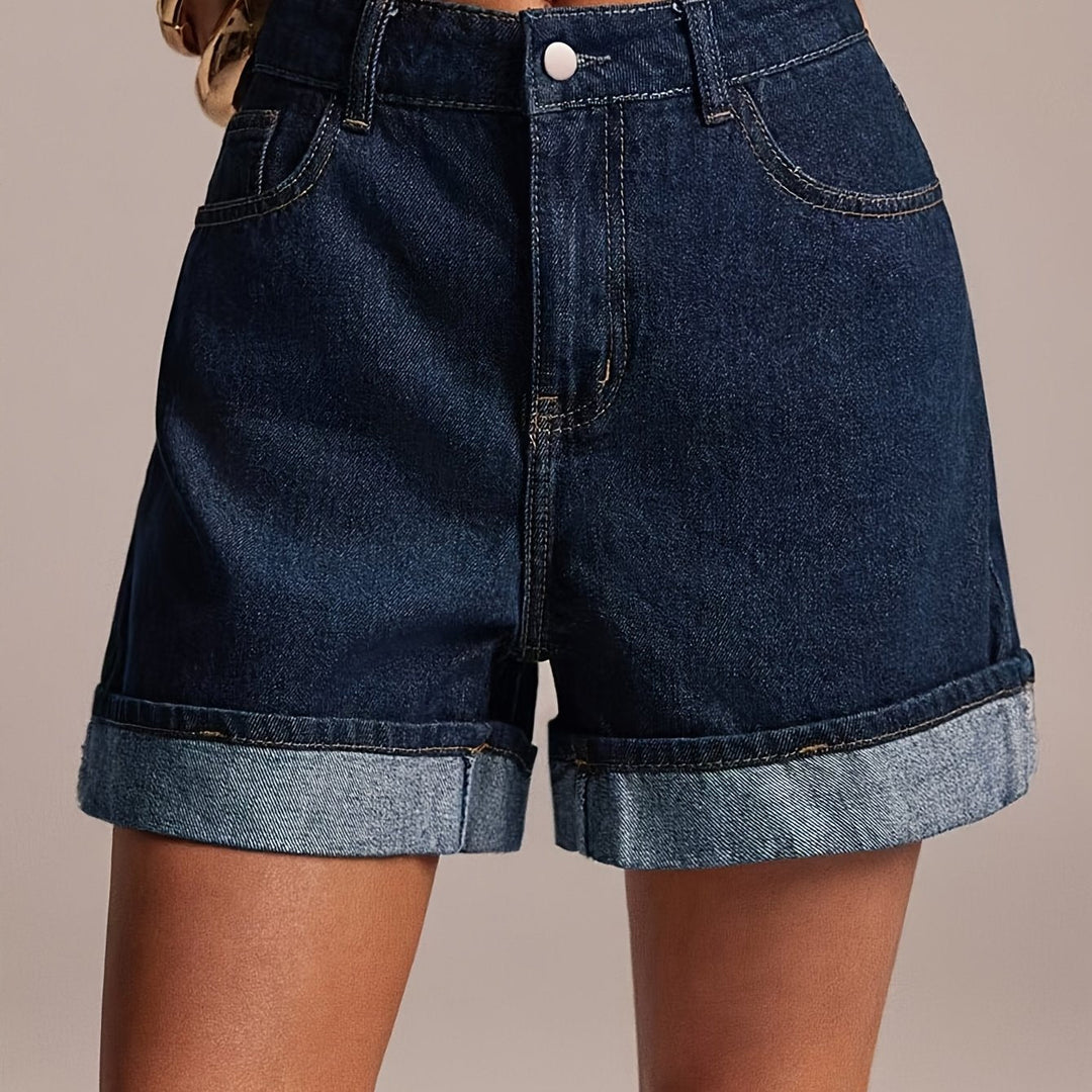 Women's Medium Blue Jean Shorts High Waist Cuffed Pocket Relaxed Style