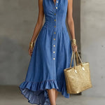 Load image into Gallery viewer, Women's Blue Denim Dress Collar Sleeveless Button Front High Low Ruffle Style
