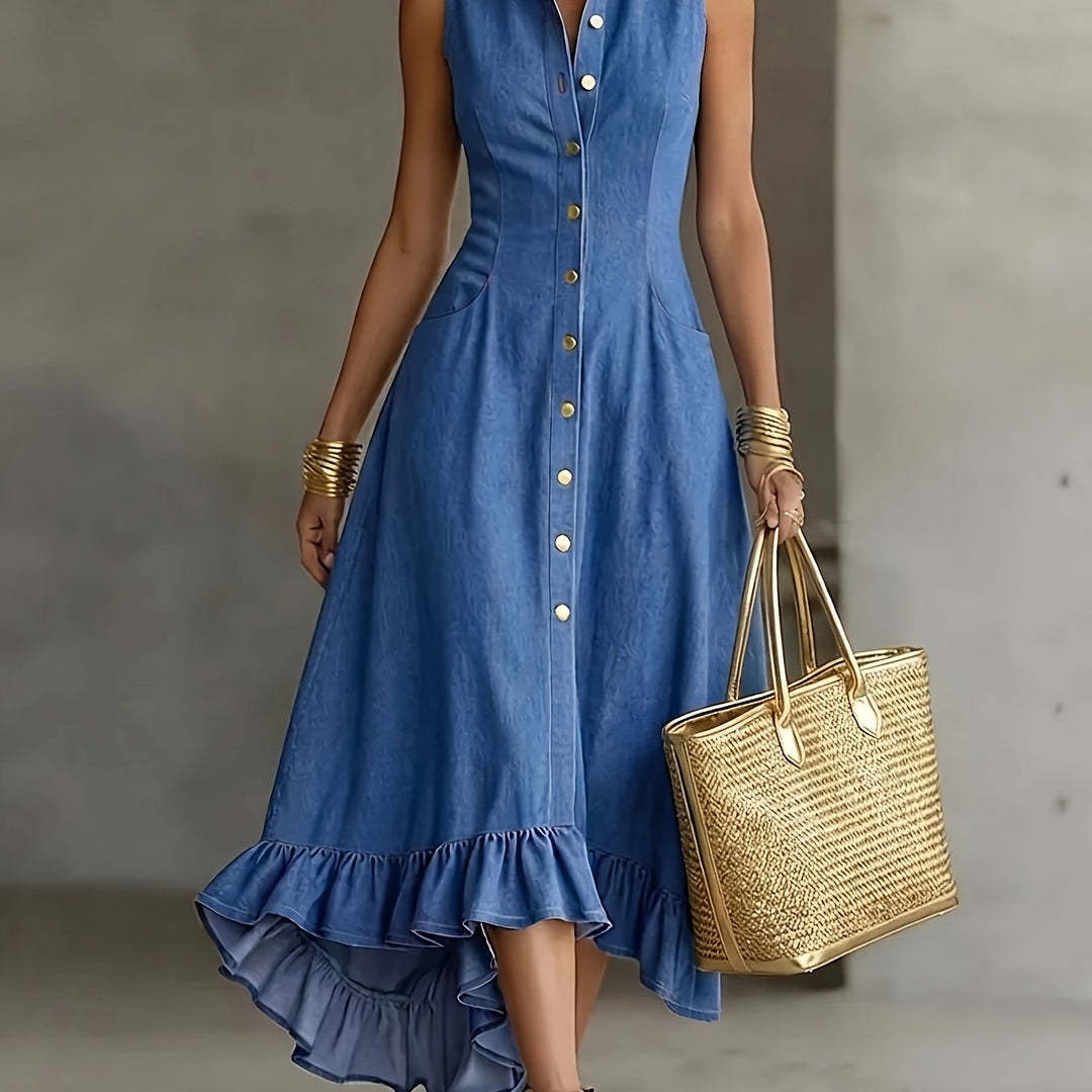 Women's Blue Denim Dress Collar Sleeveless Button Front High Low Ruffle Style