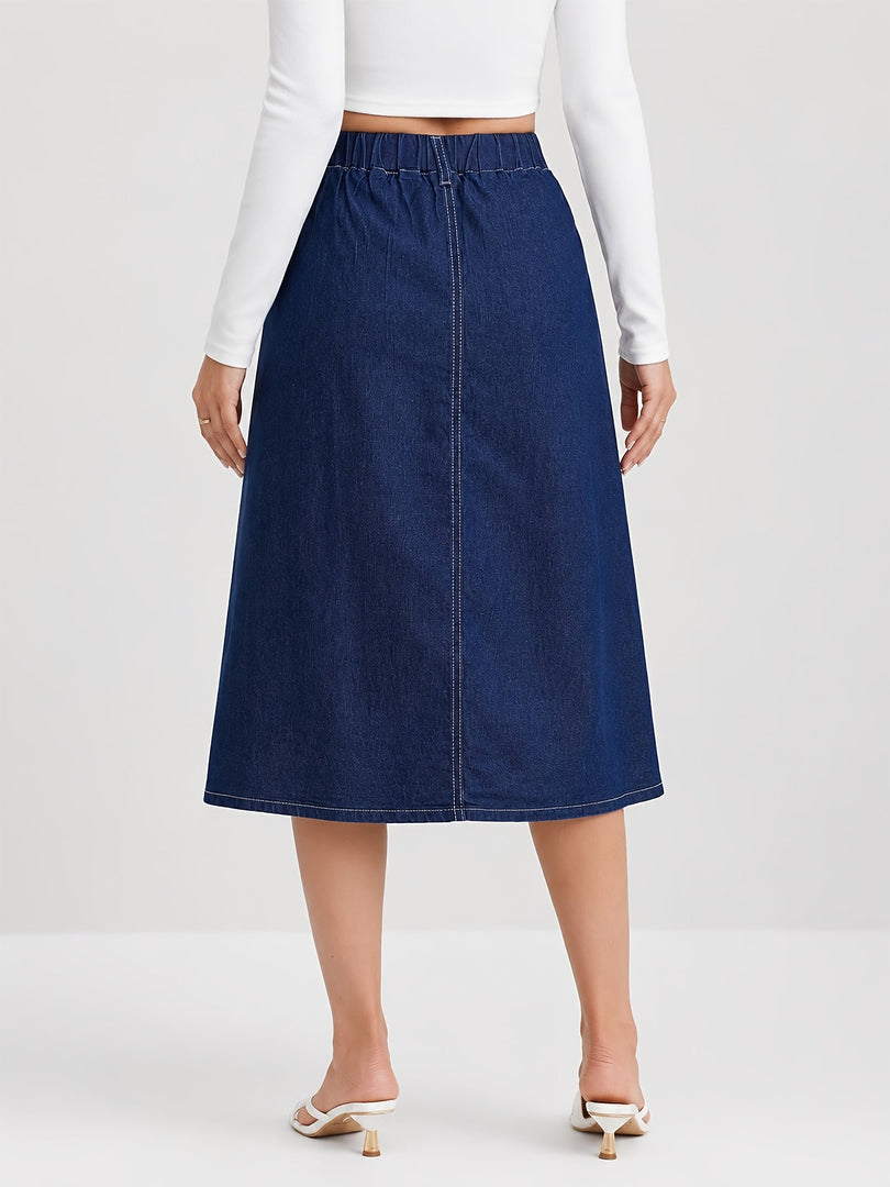 Women's Medium Blue Denim Midi Skirt Button Front a Line Pleated Style