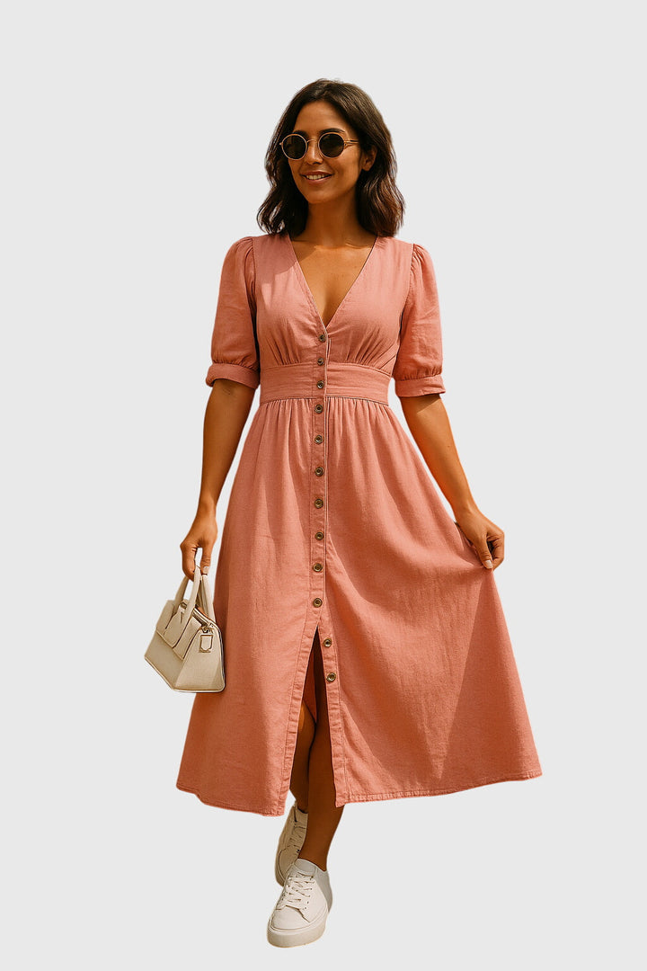 Women's Denim Midi Dress V-Neck Button Front Tie Sleeve Casual Style