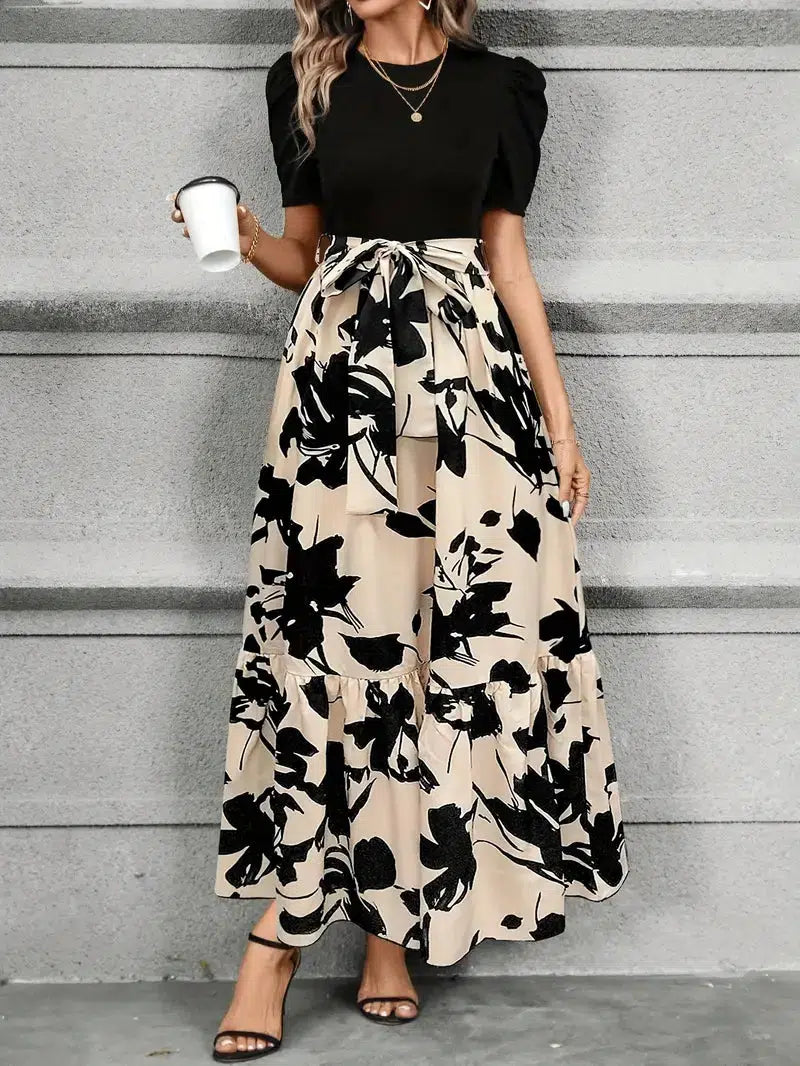 Women's Floral Maxi Dress Puff Sleeve High Waist Flowy Skirt Style