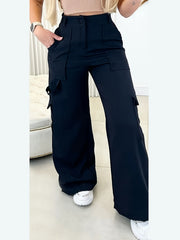 Women's Black Cargo Wide Leg Pants High Waist Pocket Style