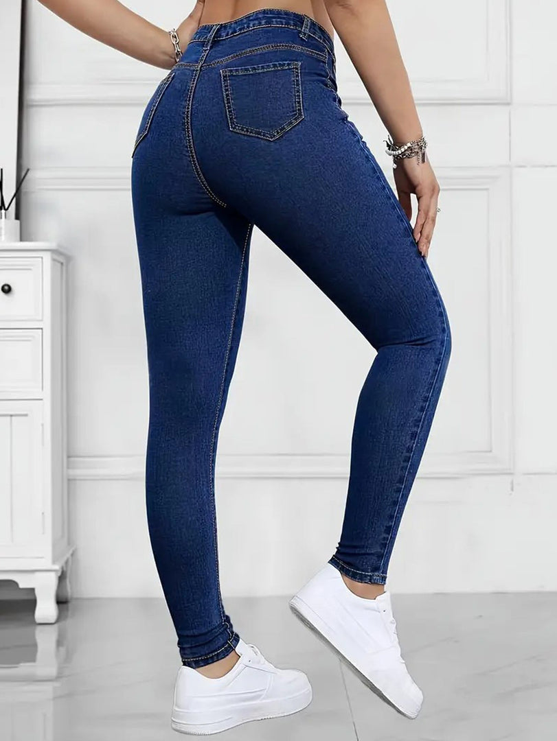 Women's Dark Blue Relaxed Skinny Jeans High Waist Slim Fit Stretch Denim