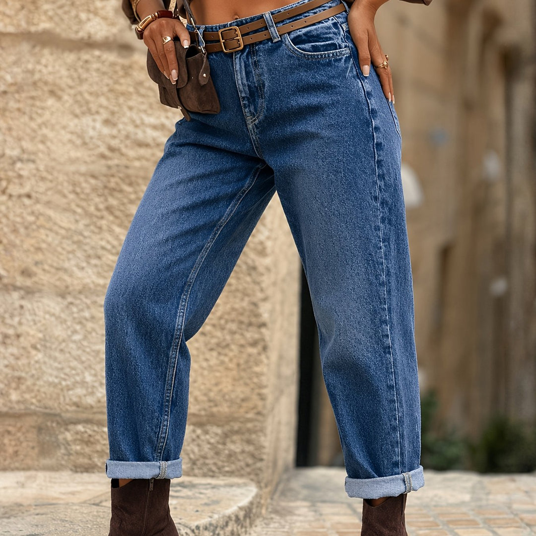 Women's Deep Blue Relaxed Mom Jeans High Waist Cuffed Straight Leg