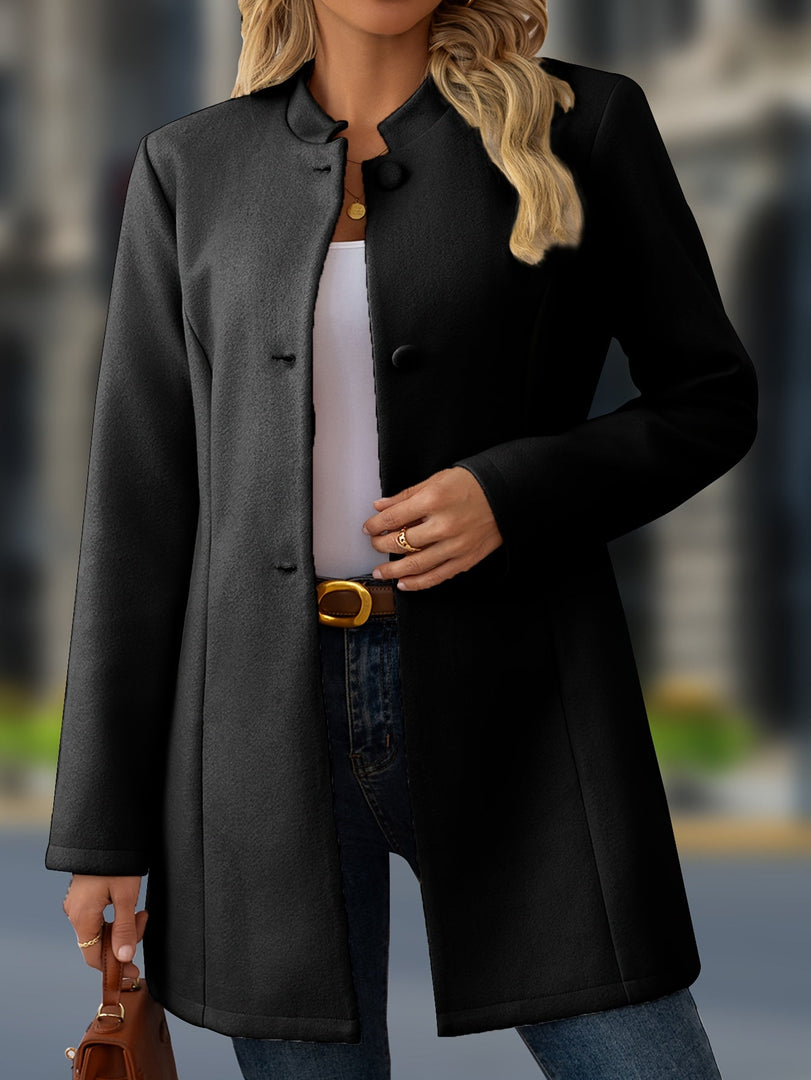 Women's Wool Coat Stand Collar Button Front Belted Waist