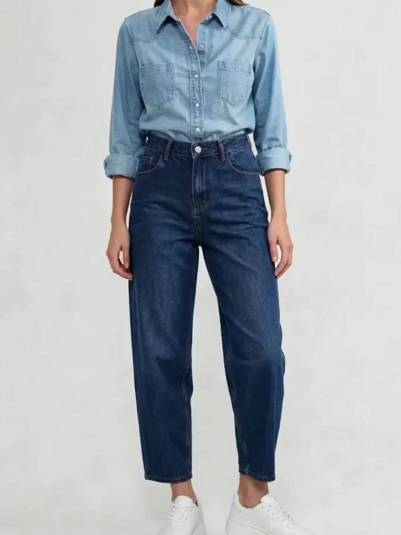 Women's Deep Blue Relaxed Mom Jeans High Waist Barrel Leg Tapered Ankle