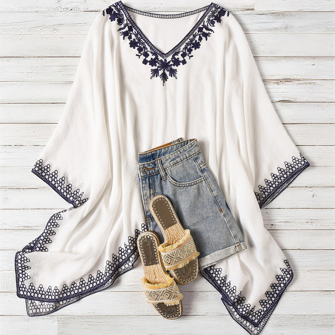 Women's Poncho Shirt V Neck Embroidered Trim Draped Batwing Style