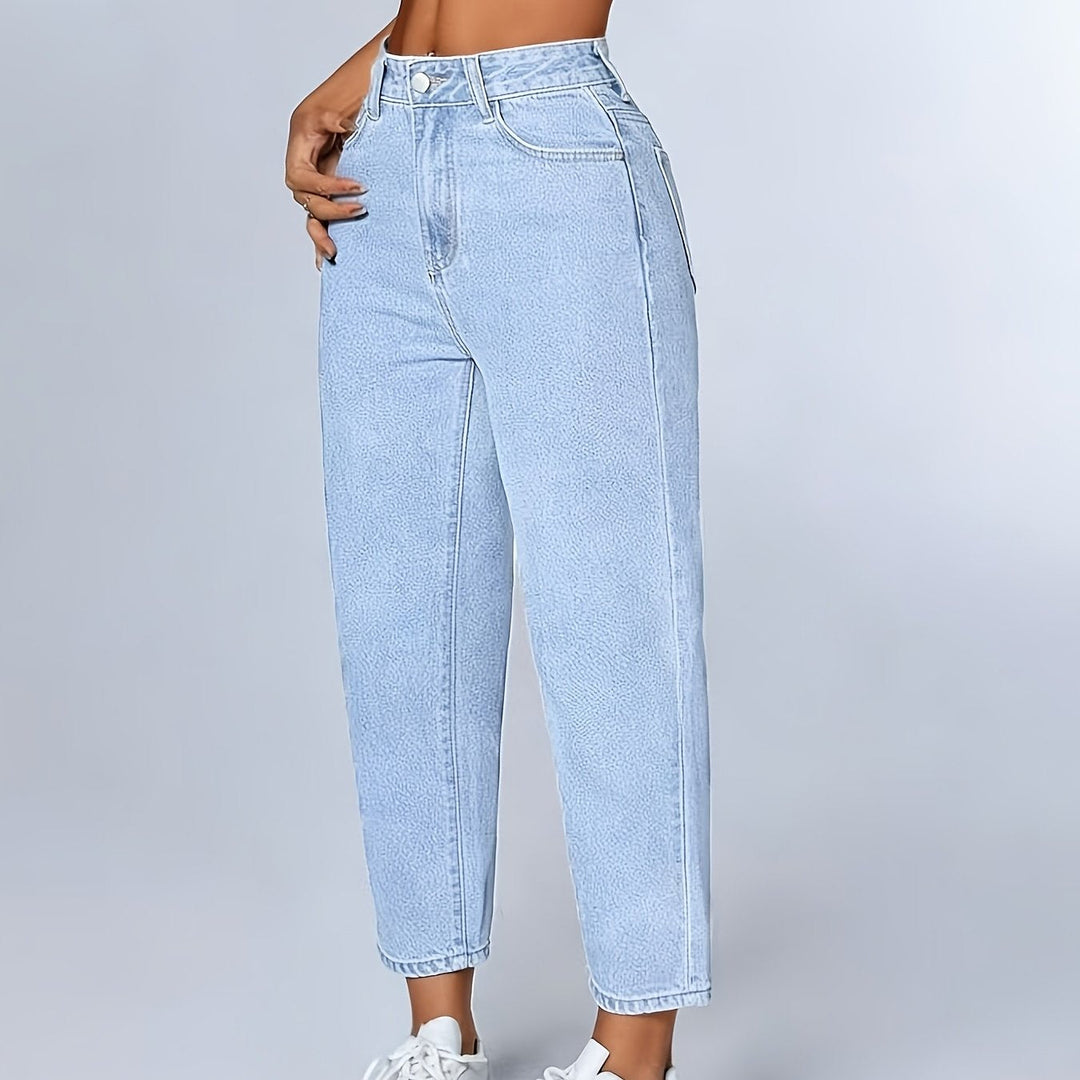Women's Light Blue Relaxed Mom Jeans High Waist Tapered Cuffed Hem