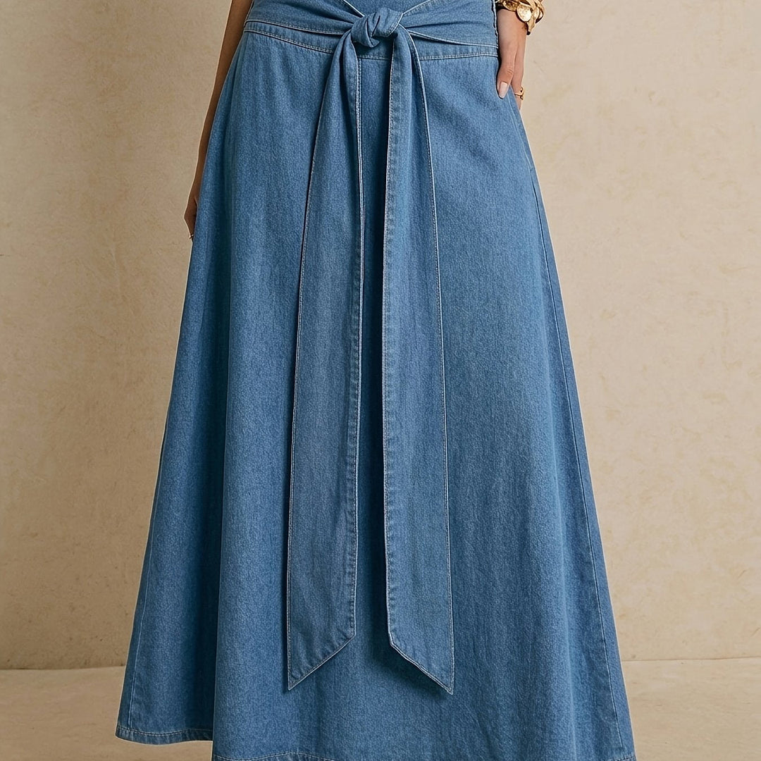 Women's Blue Denim Maxi Skirt Tie Waist a Line Flowing Style