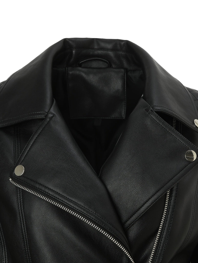 Women's Leather Moto Jacket Notch Lapel Asymmetric Zip Front Fitted Style