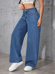 Women's Blue Wide Leg Jeans High Waist Flowing Loose Fit Denim Style