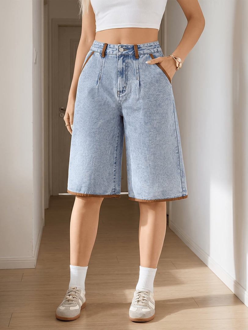 Women's Light Blue Denim Culotte Jean Shorts High Waist Wide Leg Raw Hem