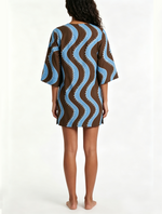 Load image into Gallery viewer, Women's Wave Print Mini Dress Collared Elbow Sleeve Button Front
