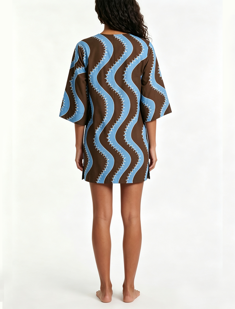 Women's Wave Print Mini Dress Collared Elbow Sleeve Button Front