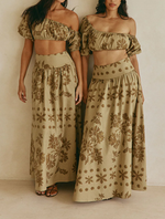 Load image into Gallery viewer, Women's Green Floral Print Matching Set Off Shoulder Puff Sleeve Maxi Skirt
