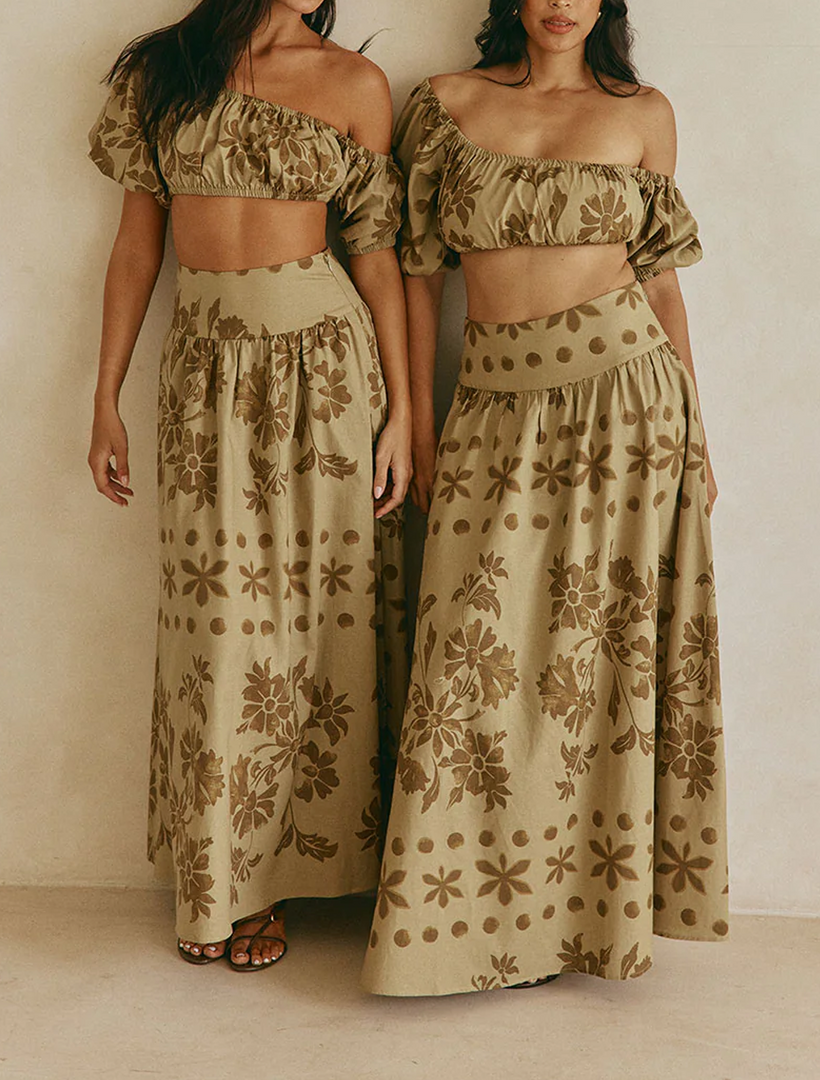 Women's Green Floral Print Matching Set Off Shoulder Puff Sleeve Maxi Skirt