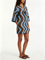 Women's Wave Print Mini Dress Collared Elbow Sleeve Button Front