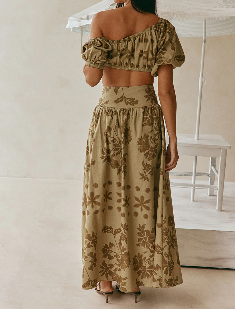 Women's Green Floral Print Matching Set Off Shoulder Puff Sleeve Maxi Skirt