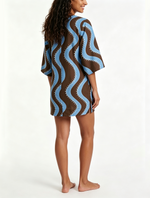 Load image into Gallery viewer, Women's Wave Print Mini Dress Collared Elbow Sleeve Button Front
