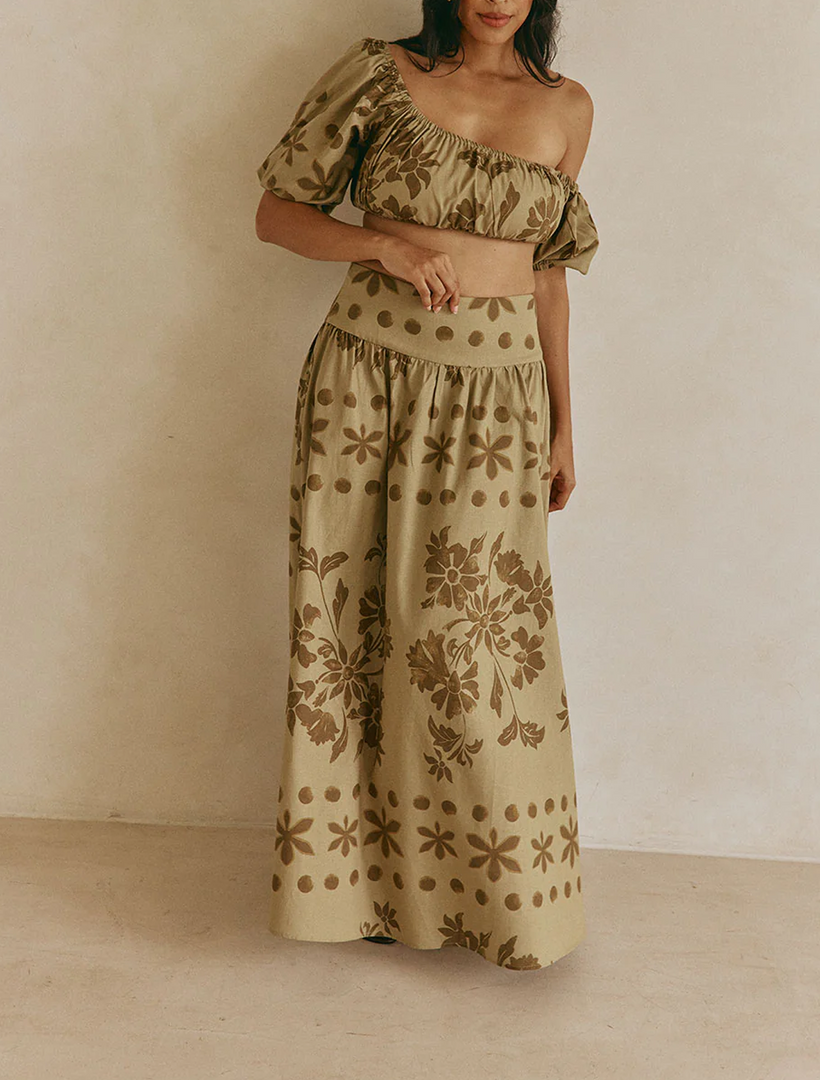 Women's Green Floral Print Matching Set Off Shoulder Puff Sleeve Maxi Skirt