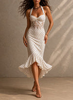 Load image into Gallery viewer, Women's White Polka Dot Maxi Dress Halter Neck Sweetheart Lace Mermaid Cocktail Style
