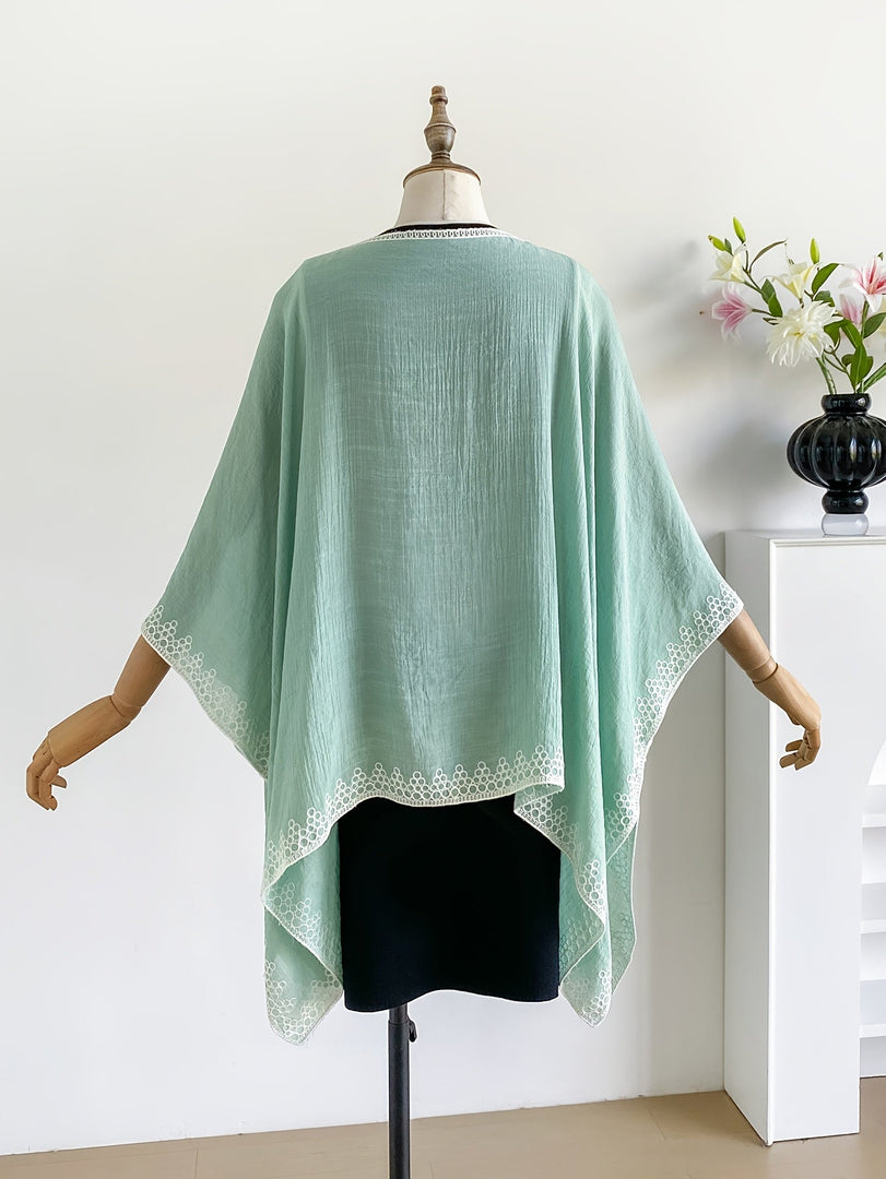 Women's Poncho Shirt V Neck Embroidered Trim Draped Batwing Style
