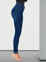 Load image into Gallery viewer, Women's Medium Blue Relaxed Skinny Jeans High Waist Cuffed Ankle Stretch Denim
