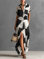 Load image into Gallery viewer, Women's Black and White Shirt Dress Lapel Collar Color Block Button Front Short Sleeve Linen Casual Maxi Style
