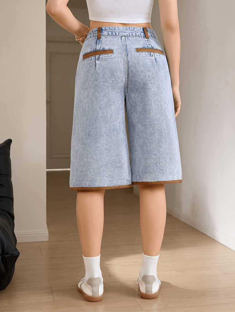 Women's Light Blue Denim Culotte Jean Shorts High Waist Wide Leg Raw Hem
