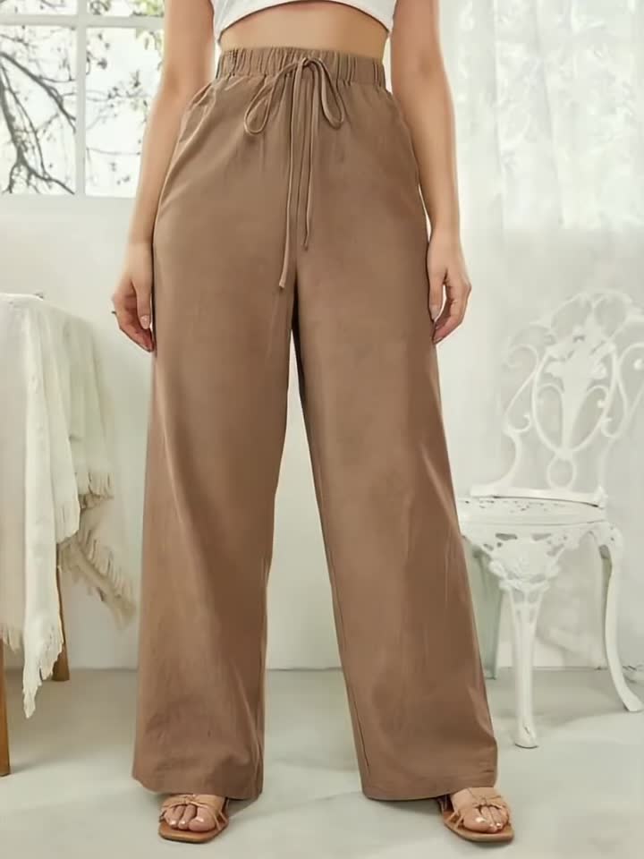 Women's Linen Wide Leg Pants High Waist Drawstring Flowing Casual Style