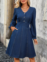 Load image into Gallery viewer, Women's Blue Denim Dress V Neck Long Sleeve a Line Midi
