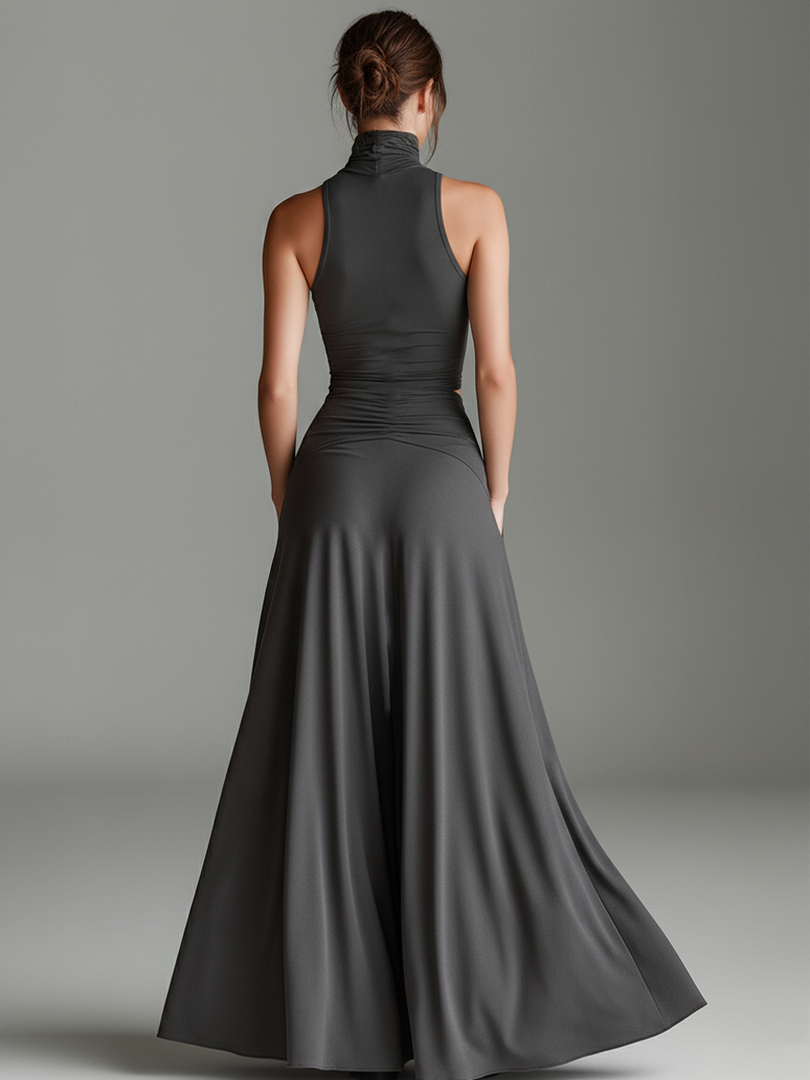 Women's Gray Maxi Dress Turtleneck Halter Cutout Waist Ruched Skirt Sleeveless Formal Style