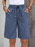 Load image into Gallery viewer, Women's Blue Jean Shorts High Waist Drawstring Pocket Bermuda Style
